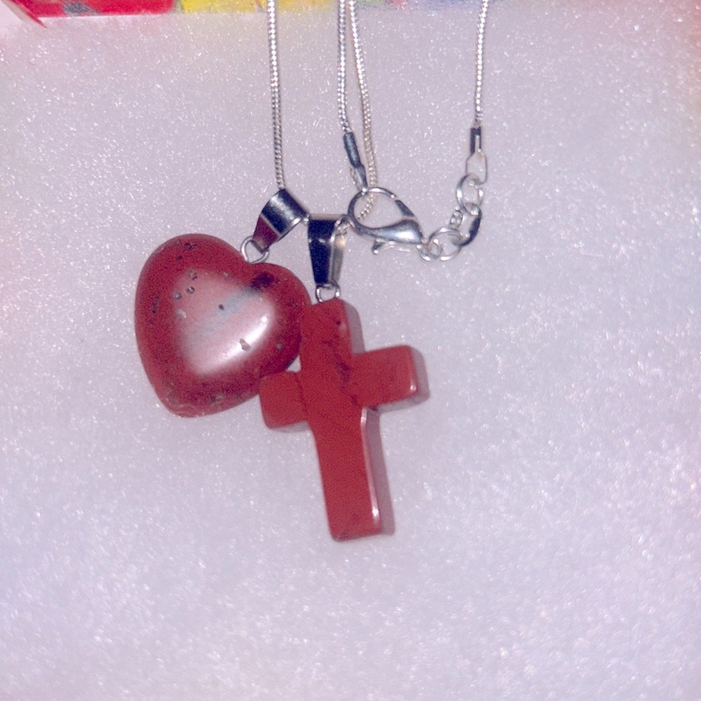Boho Red Jasper Cross and Red Jasper Heart Sterling Silver 16” Neck…